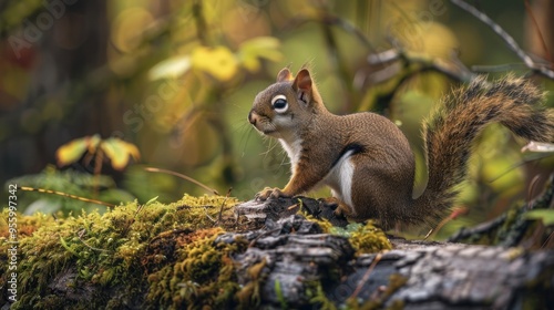 A curious squirrel explores a moss-covered log in a lush forest during a serene morning