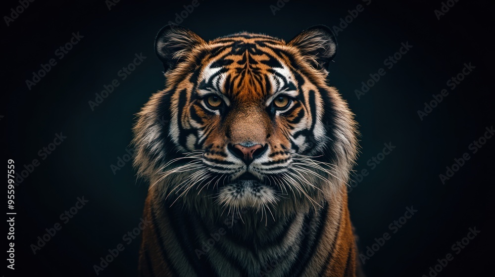 A fierce and majestic tiger gazes directly into the camera, showcasing its powerful presence in a dark studio setting A fierce and majestic tiger gazes directly into the camera, showcasing its powerful presence in a dark studio setting