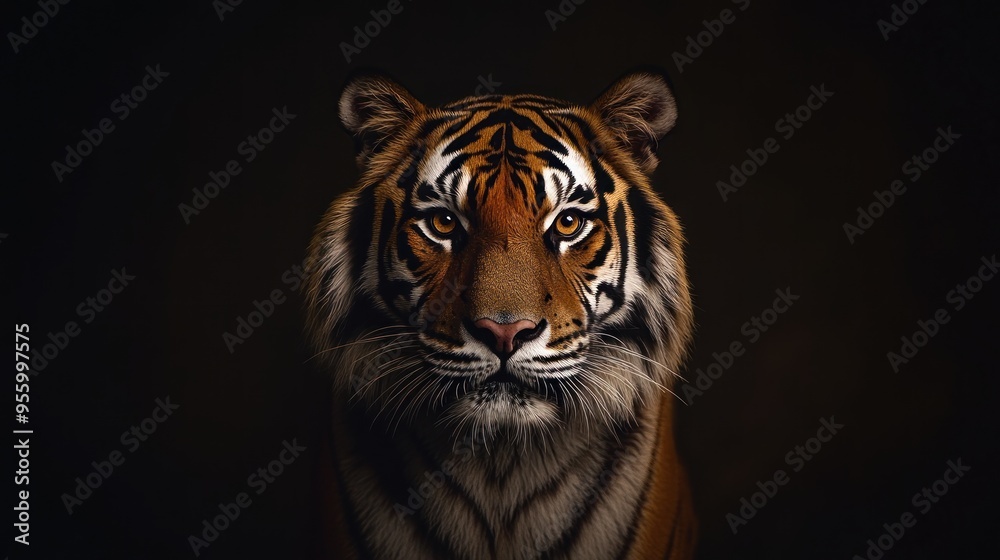 Fototapeta premium A fierce and majestic tiger gazes directly into the camera, showcasing its powerful presence in a dark studio setting