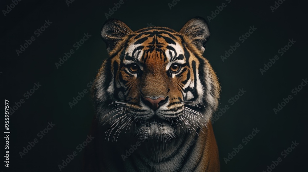 A fierce and majestic tiger gazes directly into the camera, showcasing its powerful presence in a dark studio setting A fierce and majestic tiger gazes directly into the camera, showcasing its powerful presence in a dark studio setting