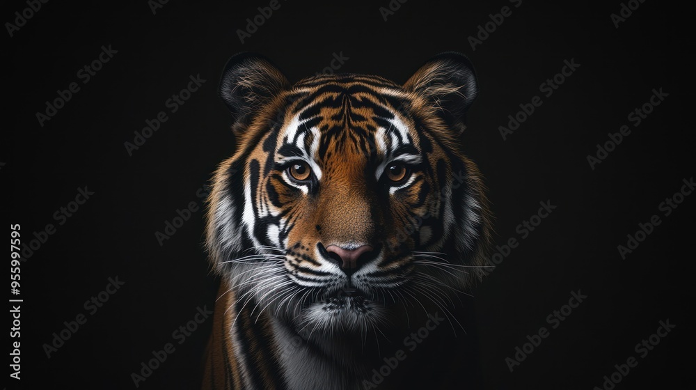 Fototapeta premium A fierce and majestic tiger gazes directly into the camera, showcasing its powerful presence in a dark studio setting