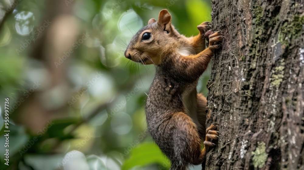 A squirrel skillfully climbs a tree trunk while playfully navigating the dense forest backdrop A squirrel skillfully climbs a tree trunk while playfully navigating the dense forest backdrop
