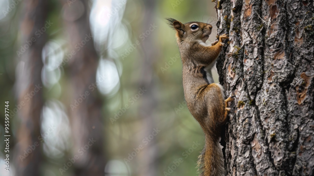 A squirrel skillfully climbs a tree trunk while playfully navigating the dense forest backdrop A squirrel skillfully climbs a tree trunk while playfully navigating the dense forest backdrop