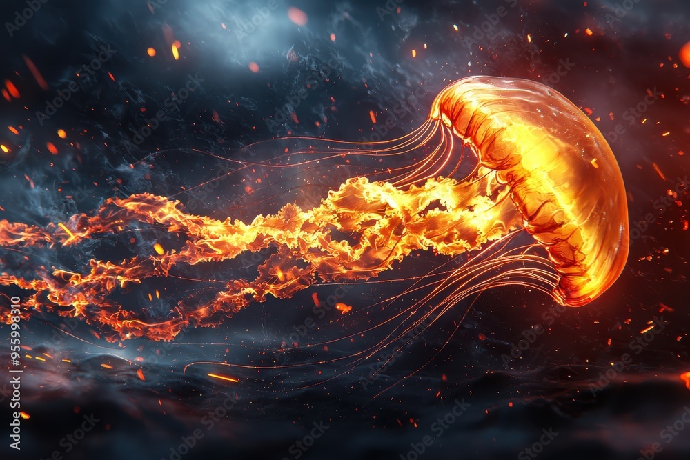 Majestic fiery jellyfish creature in stormy cosmic sky Majestic fiery jellyfish creature in stormy cosmic sky