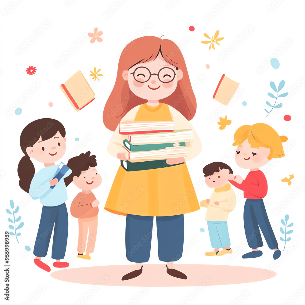 Teacher holding books surrounded by happy children, education and learning concept illustrated in a cute and colorful style. Teacher holding books surrounded by happy children, education and learning concept illustrated in a cute and colorful style.