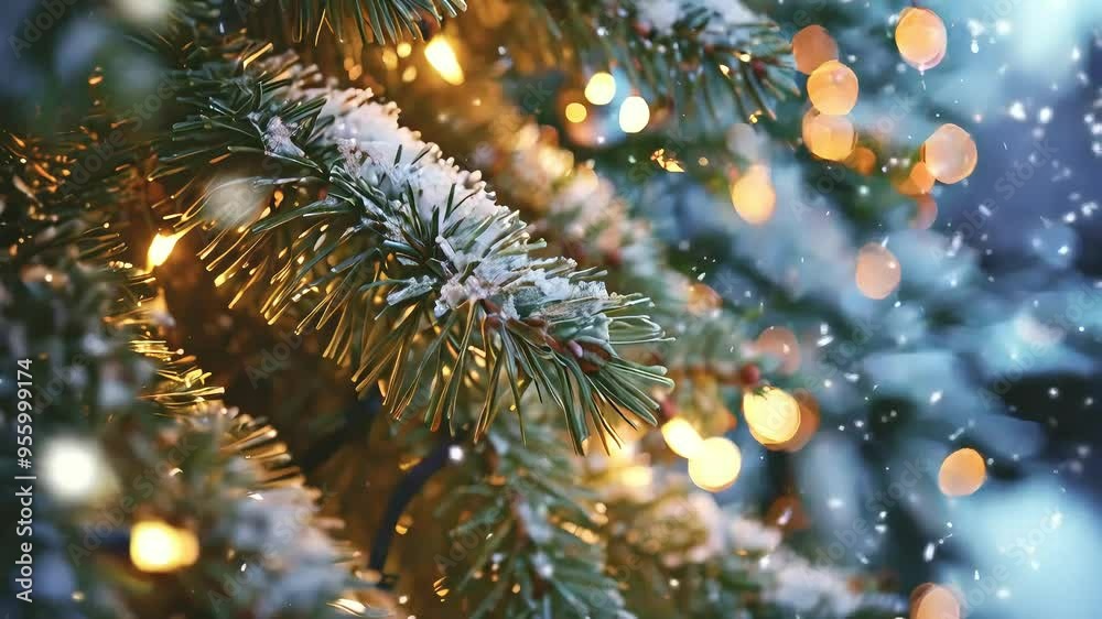 Close-up of a snow-covered evergreen branch with twinkling lights in the background. Close-up of a snow-covered evergreen branch with twinkling lights in the background.