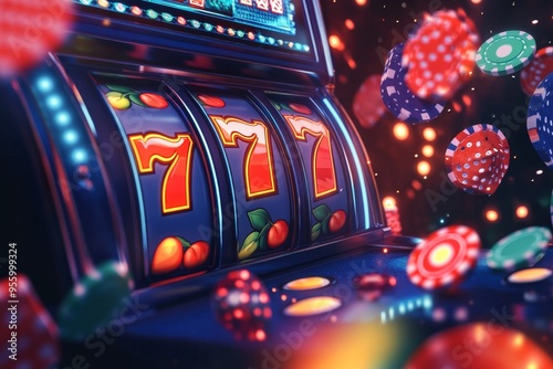 A 3D  of a casino slot machine with the numbers 777 lined up, signifying a jackpot win. The machine is surrounded by falling casino chips, representing the excitement and potential for big wins in gam photo