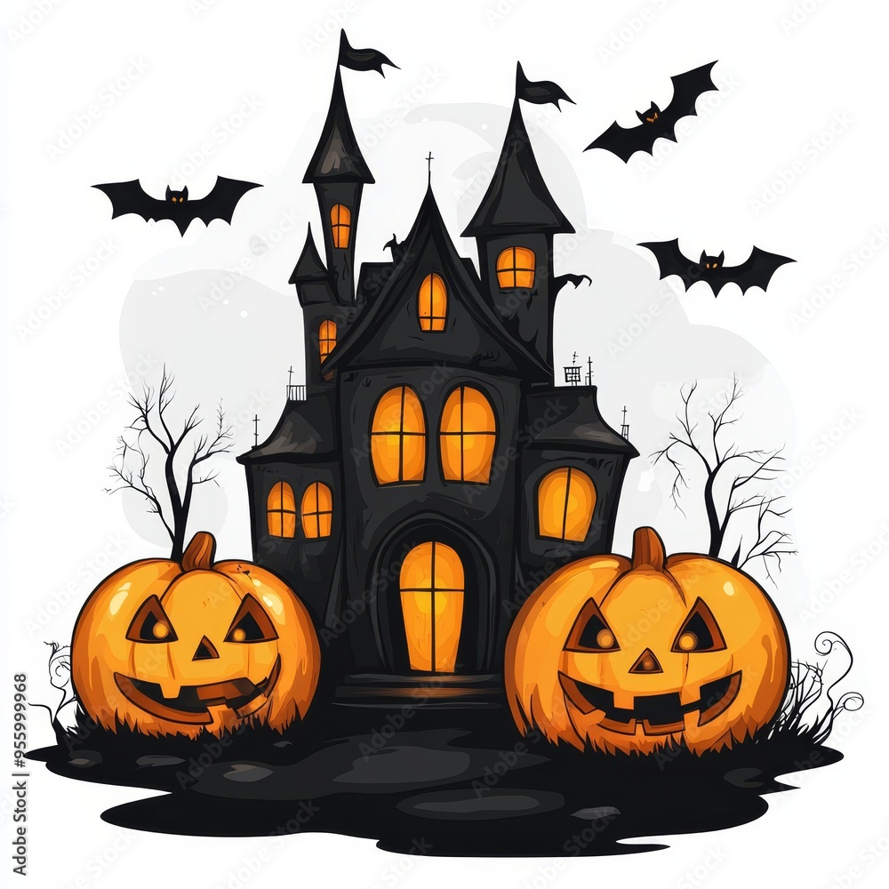 A charming cartoon illustration of a spooky haunted house with glowing windows, two jack-o'-lantern pumpkins, and bats flying around. The scene evokes a whimsical and festive Halloween atmosphere, per A charming cartoon illustration of a spooky haunted house with glowing windows, two jack-o'-lantern pumpkins, and bats flying around. The scene evokes a whimsical and festive Halloween atmosphere, per