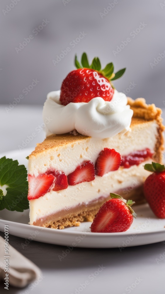A slice of creamy cheesecake on a white plate topped with strawberry slices and whipped cream surrounded by fresh strawberries. A slice of creamy cheesecake on a white plate topped with strawberry slices and whipped cream surrounded by fresh strawberries.