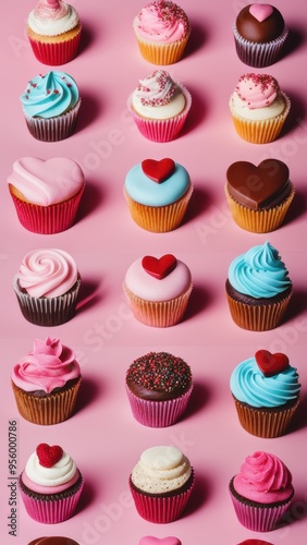 Two rows of three colorful cupcakes with heart-shaped frosting designs against a pink background.