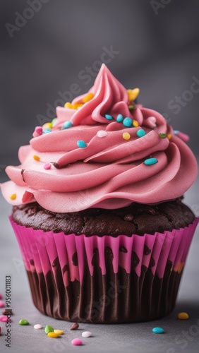 A pink frosted cupcake with white icing and colorful sprinkles rests on a gray surface. photo