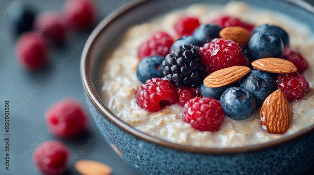 Bowl of oatmeal topped with almonds, berries, and honey, healthy brain-boosting breakfast, comforting meal. Bowl of oatmeal topped with almonds, berries, and honey, healthy brain-boosting breakfast, comforting meal.
