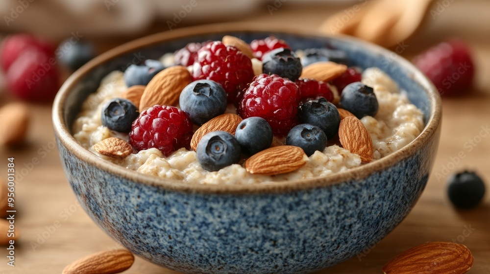 Bowl of oatmeal topped with almonds, berries, and honey, healthy brain-boosting breakfast, comforting meal. Bowl of oatmeal topped with almonds, berries, and honey, healthy brain-boosting breakfast, comforting meal.