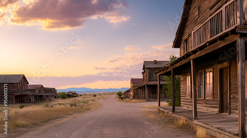 
Abandoned western town with rustic wooden facades and empty dirt roads stretching into the distance at sunset, evoking the nostalgic beauty and eerie silence of a bygone wild west era photo