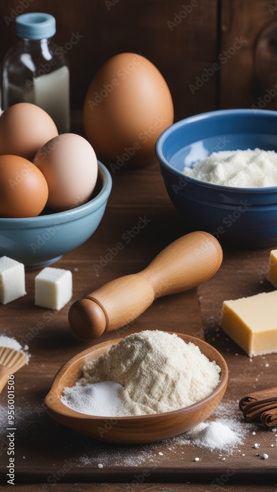 A wooden table set with eggs flour sugar butter and a spoon suggesting pastry preparation. A wooden table set with eggs flour sugar butter and a spoon suggesting pastry preparation.