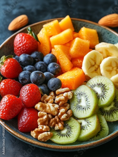 Fototapeta Naklejka Na Ścianę i Meble -  Colorful plate of mixed fruits and nuts, brain-stimulating snack, healthy and natural energy boost.