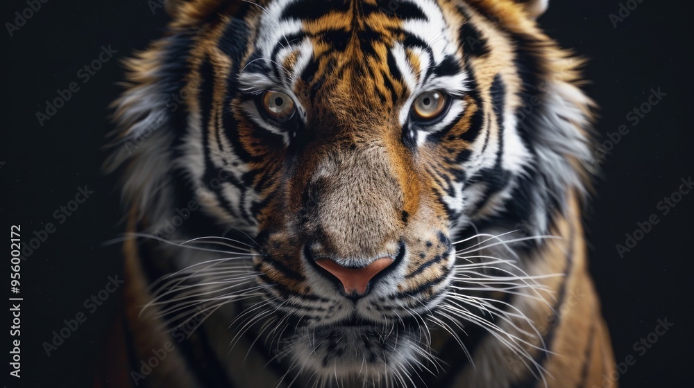 Naklejka premium A close-up view of a tiger's face, showcasing its striking orange fur, intense eyes, and distinctive black stripes.