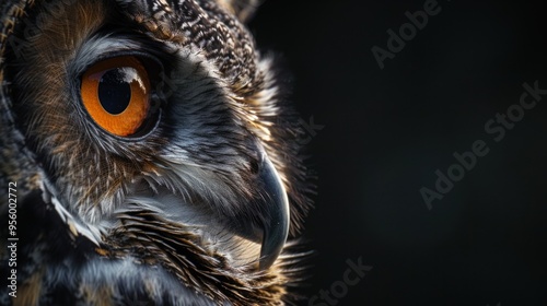 An owl's intense gaze illuminated by dramatic lighting, showcasing captivating features and a mysterious aura 