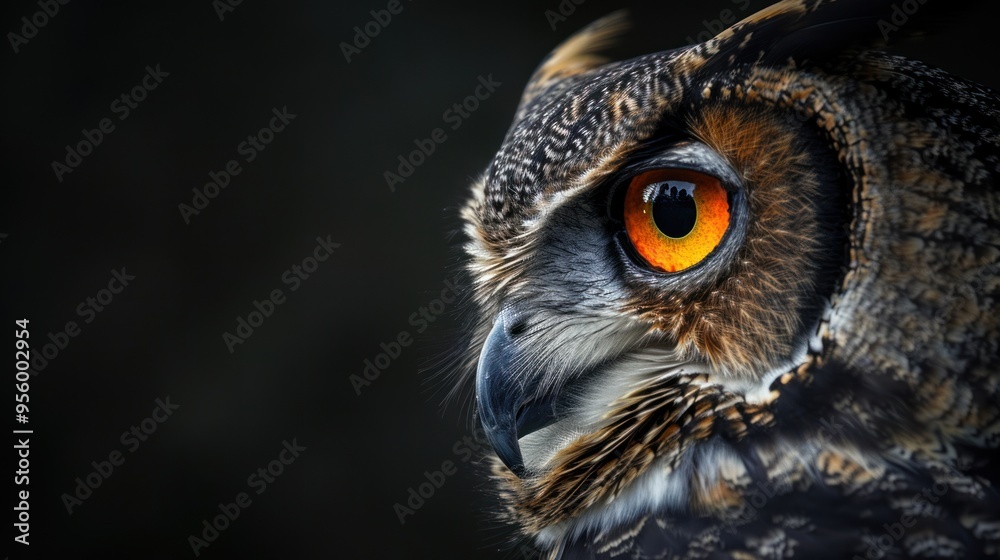 An owl's intense gaze illuminated by dramatic lighting, showcasing captivating features and a mysterious aura