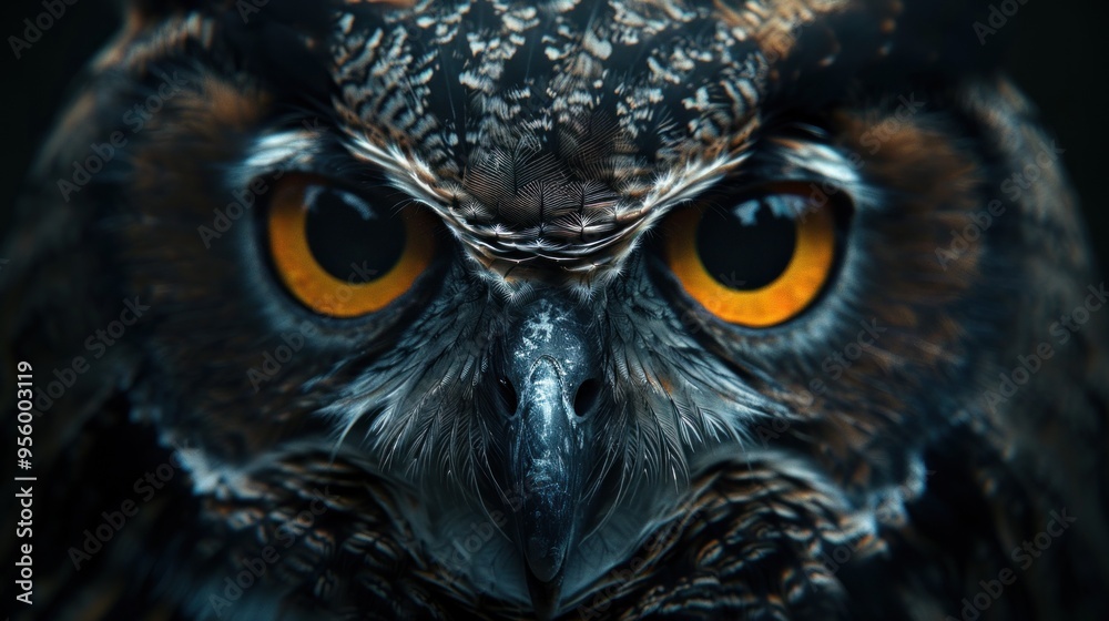 An owl's intense gaze illuminated by dramatic lighting, showcasing captivating features and a mysterious aura An owl's intense gaze illuminated by dramatic lighting, showcasing captivating features and a mysterious aura