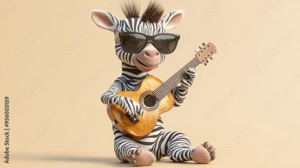 Fototapeta premium A fun and whimsical image of a zebra wearing sunglasses playing a guitar. The zebra is smiling, suggesting a carefree and happy mood. The isolated background allows for easy integration into various d