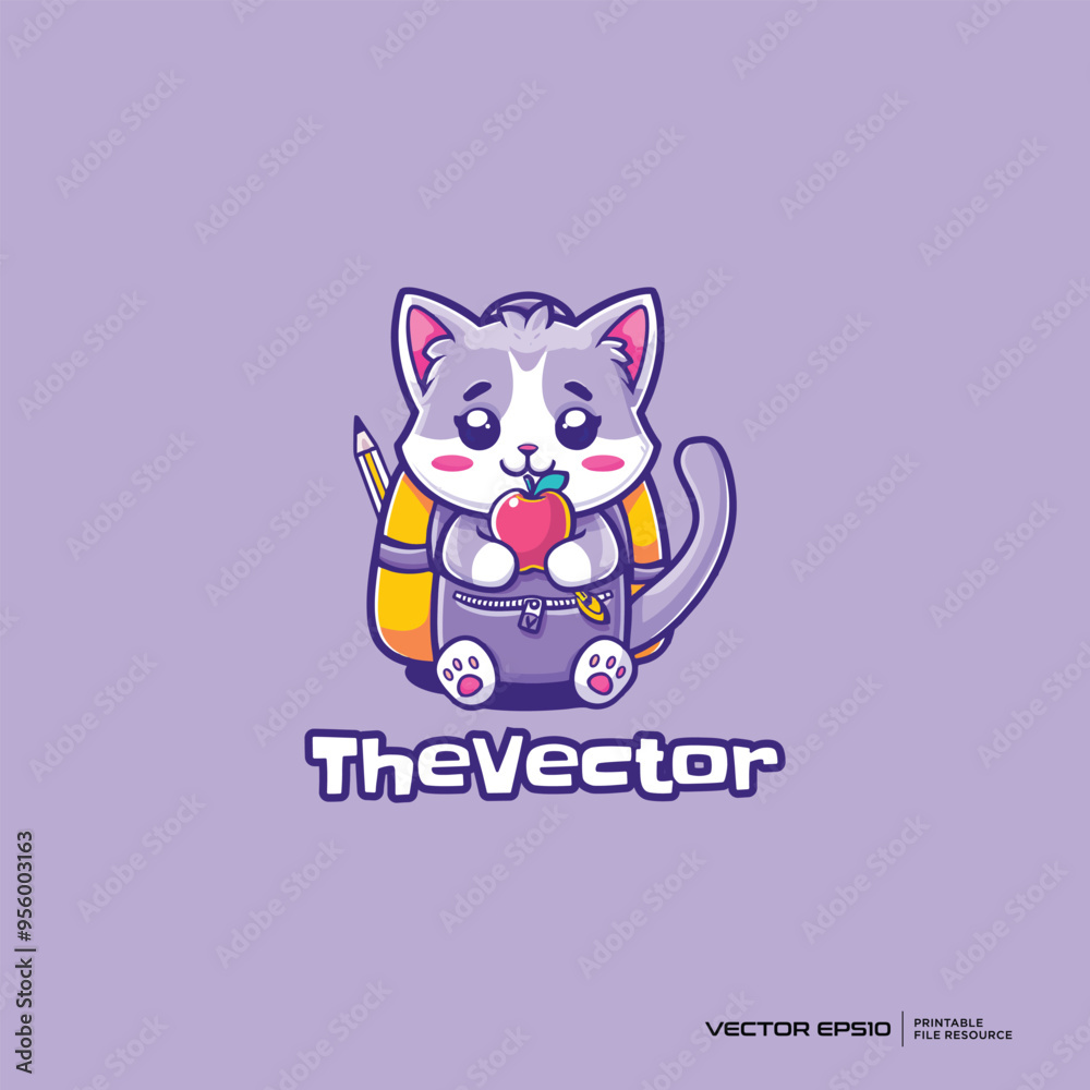Cute cat with lunch box logo, vector, mascot, character, cartoon, illustration, eps10 Cute cat with lunch box logo, vector, mascot, character, cartoon, illustration, eps10