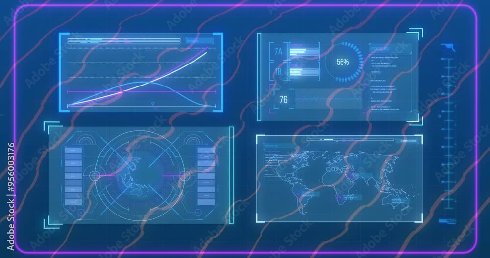 Data analytics and global tracking animation over futuristic interface with graphs Data analytics and global tracking animation over futuristic interface with graphs