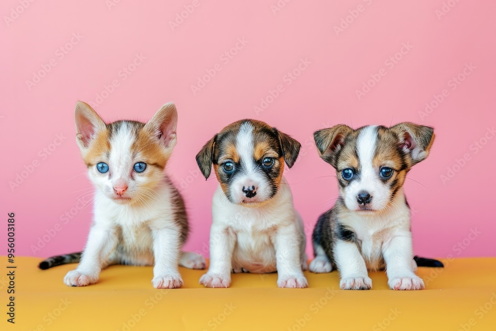 Cute Kittens and Puppies Sitting Side by Side Cute Kittens and Puppies Sitting Side by Side