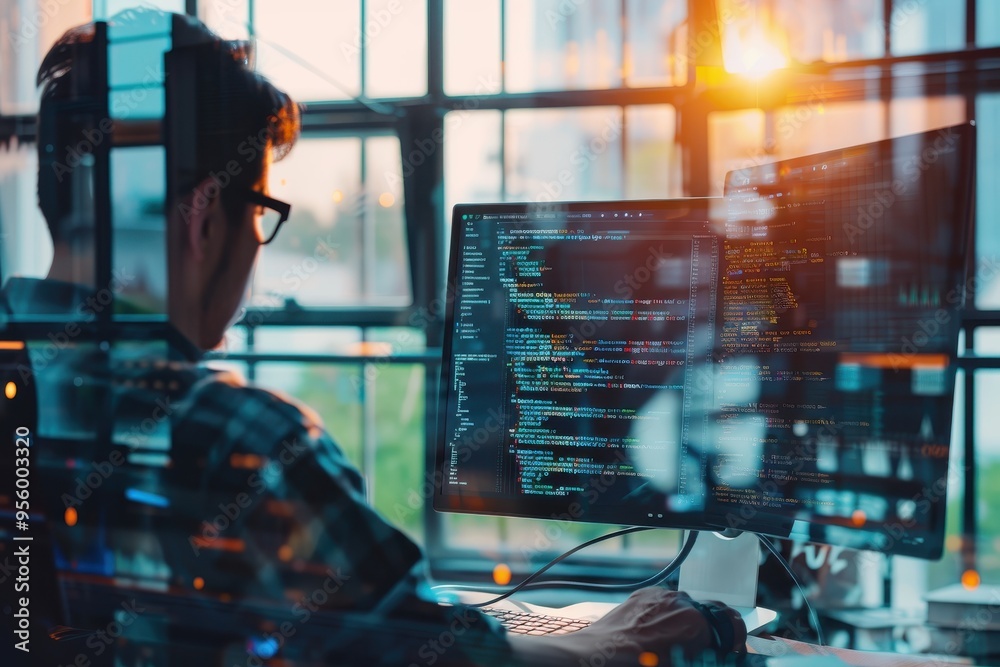 Software developer working on code at a computer in a modern office ...