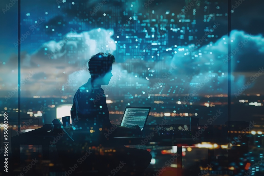 Silhouette of a person working on a laptop against a backdrop of a futuristic cityscape and digital clouds, illustrating technology and innovation.