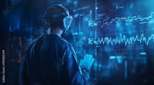 A futuristic depiction of an AI medical doctor examining data on a digital screen. The image symbolizes the integration of technology, AI, and healthcare, representing advancements in medical diagnost photo