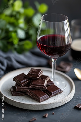 Glass of red wine with a side of dark chocolate, brain-boosting treat, rich in flavonoids.