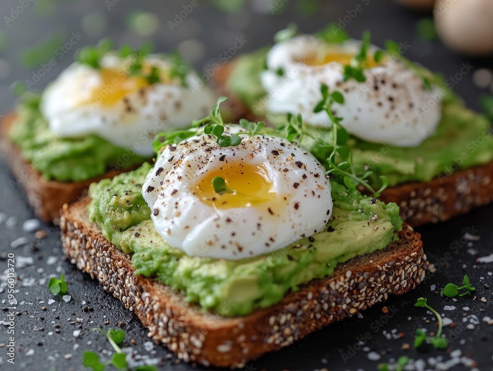 Avocado toast garnished with microgreens and poached eggs, nutrient-rich breakfast, healthy eating concept. Avocado toast garnished with microgreens and poached eggs, nutrient-rich breakfast, healthy eating concept.