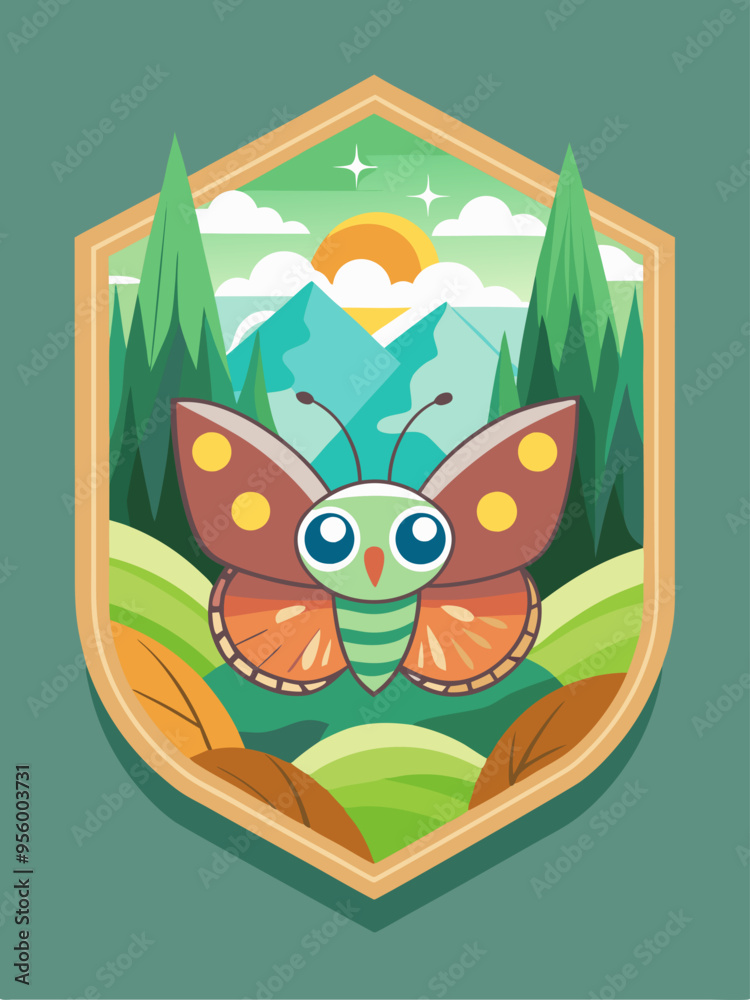 Obraz premium A Cute Cartoon Butterfly in a Mountain Landscape Framed by a Wooden Shield