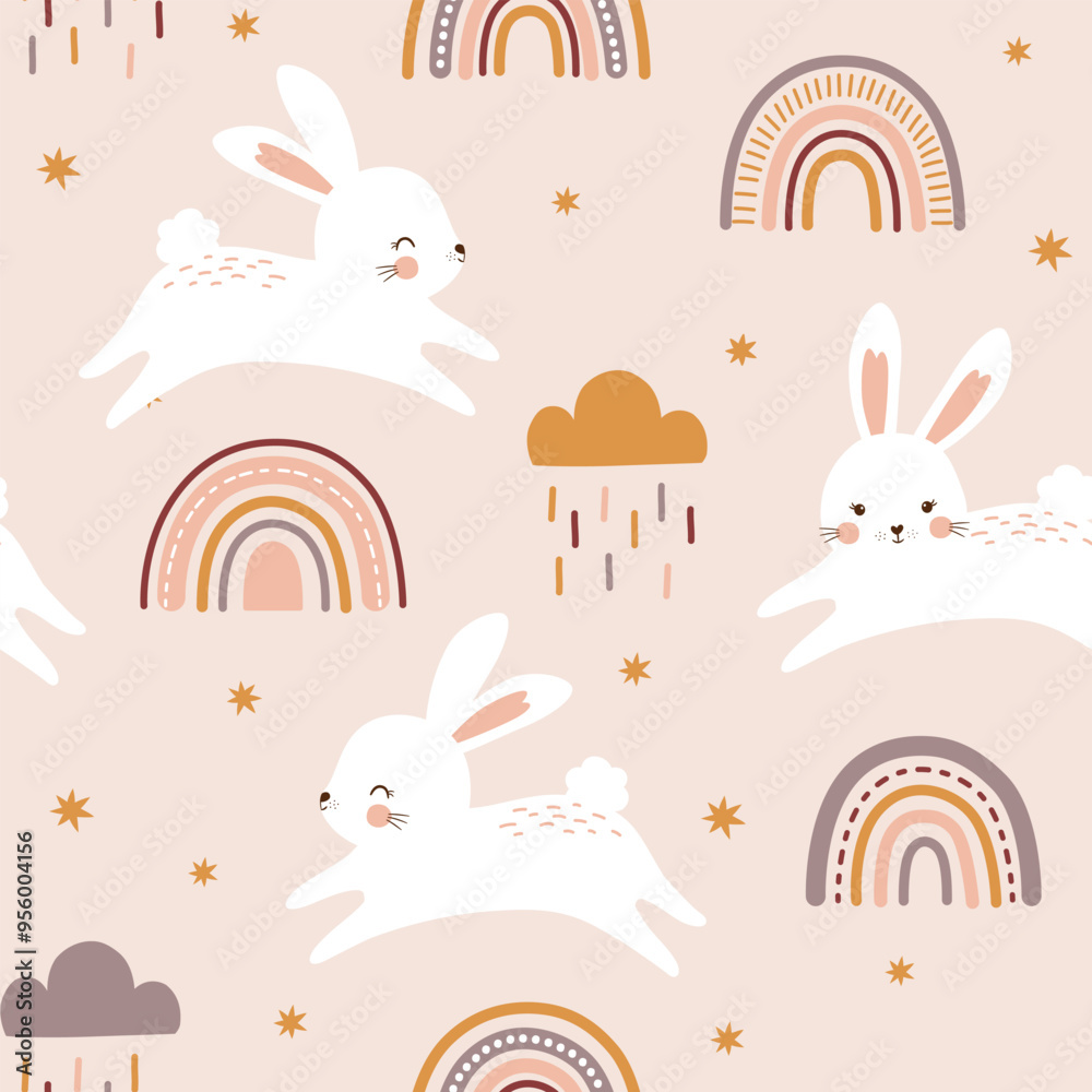 Boho doodle bunny animal seamless pattern. Cute spring easter rabbit and rainbow pattern design. Vector illustration.
