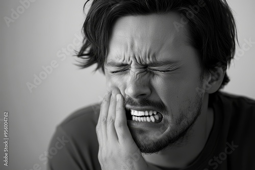 A man with a pained expression, holding his cheek in agony, experiencing a severe toothache. The image represents pain, discomfort, and the need for dental care.
