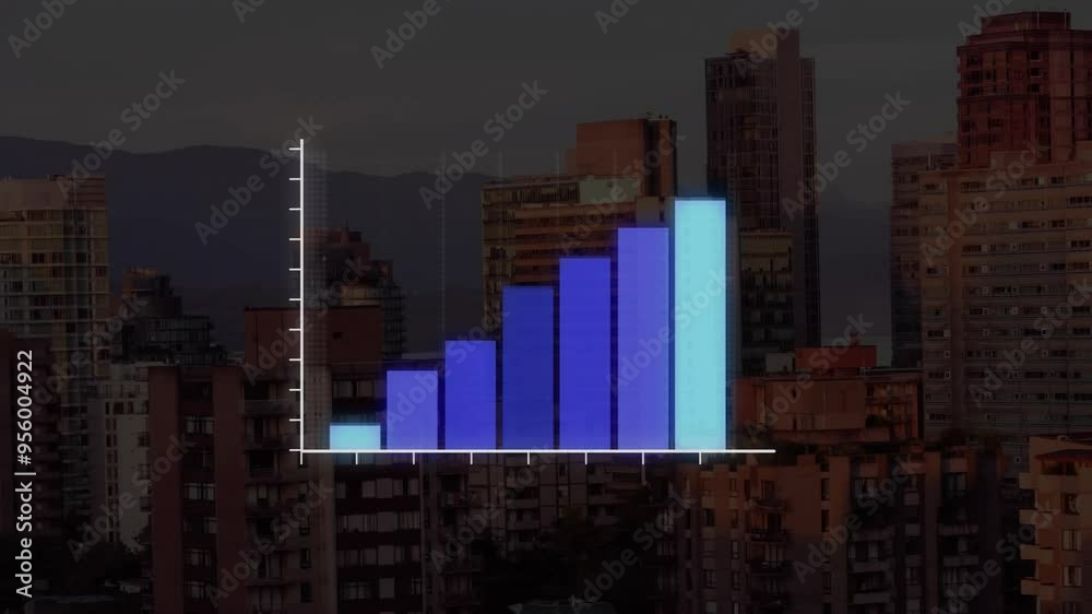 Bar chart animation over cityscape with tall buildings Bar chart animation over cityscape with tall buildings