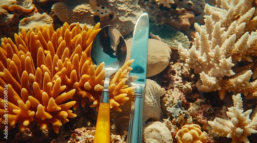 A knife and a plated tine with a yellow spoon folded are lying on a coral landscape