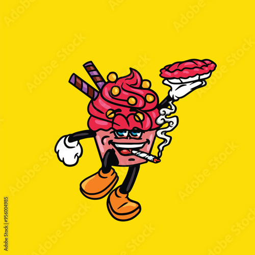 food smoking character gelato cartoon mascot logo leaf face happy with holding nug