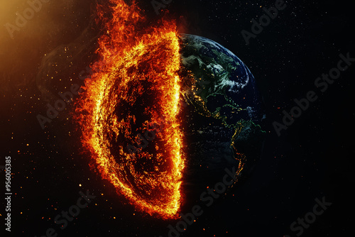 Fototapeta Naklejka Na Ścianę i Meble -  A dramatic illustration of planet earth in the midst of exploding due to the impact of climate change, fire, smoke and clouds