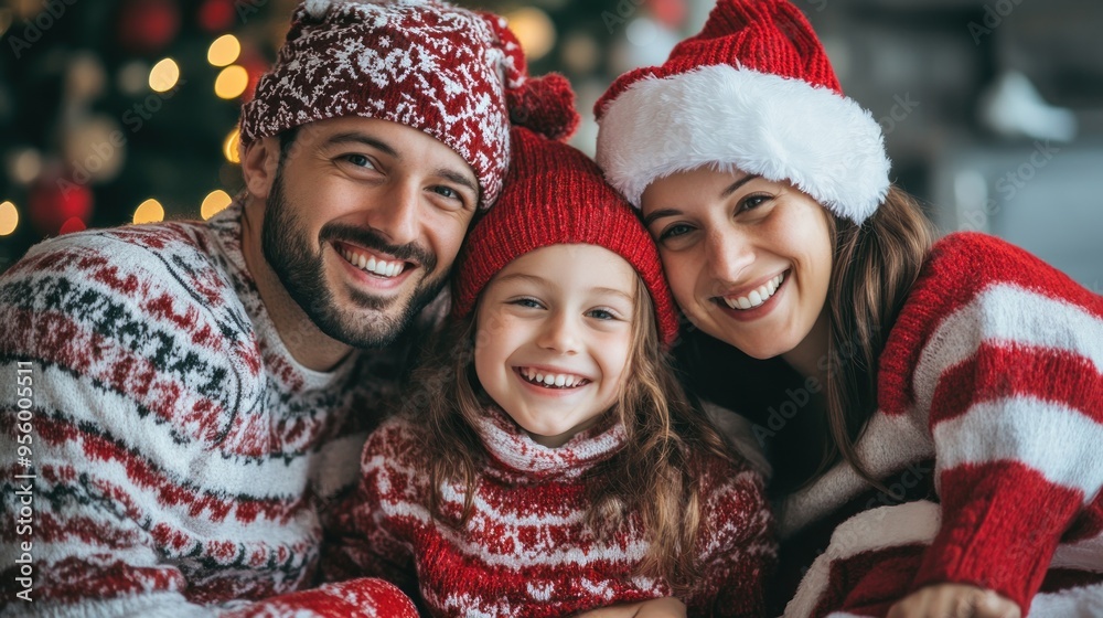 portrait of smiling hipster family wearing christmas clothes portrait of smiling hipster family wearing christmas clothes