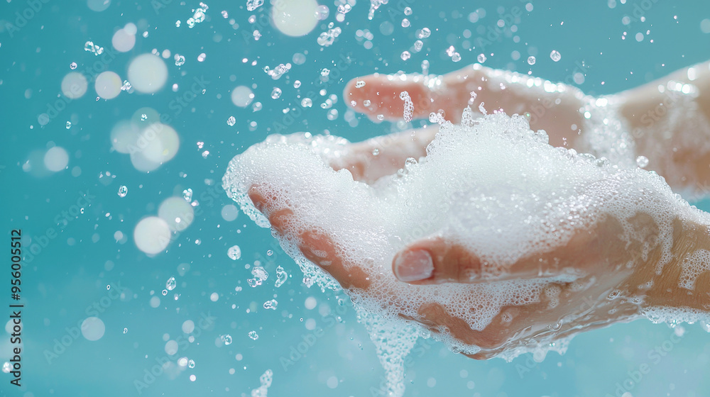 Closeup woman's hand washing with soap and foam on blue background, health care concept Closeup woman's hand washing with soap and foam on blue background, health care concept