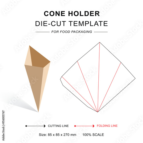 Cone holder die cut template with 3D blank vector mockup	
