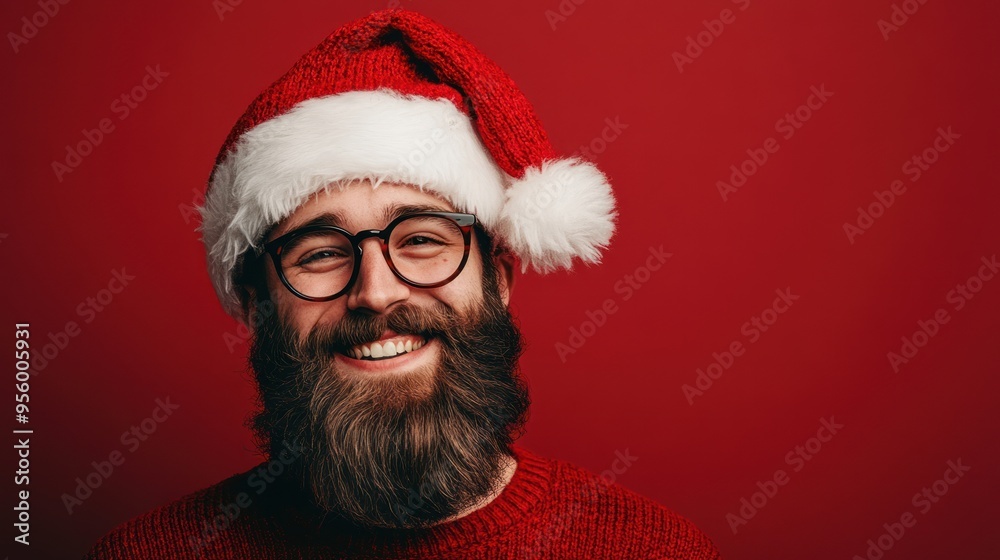 Naklejka premium A joyful hipster Santa figure grins warmly against a vibrant red backdrop, embodying festive spirit in a cozy winter setting 
