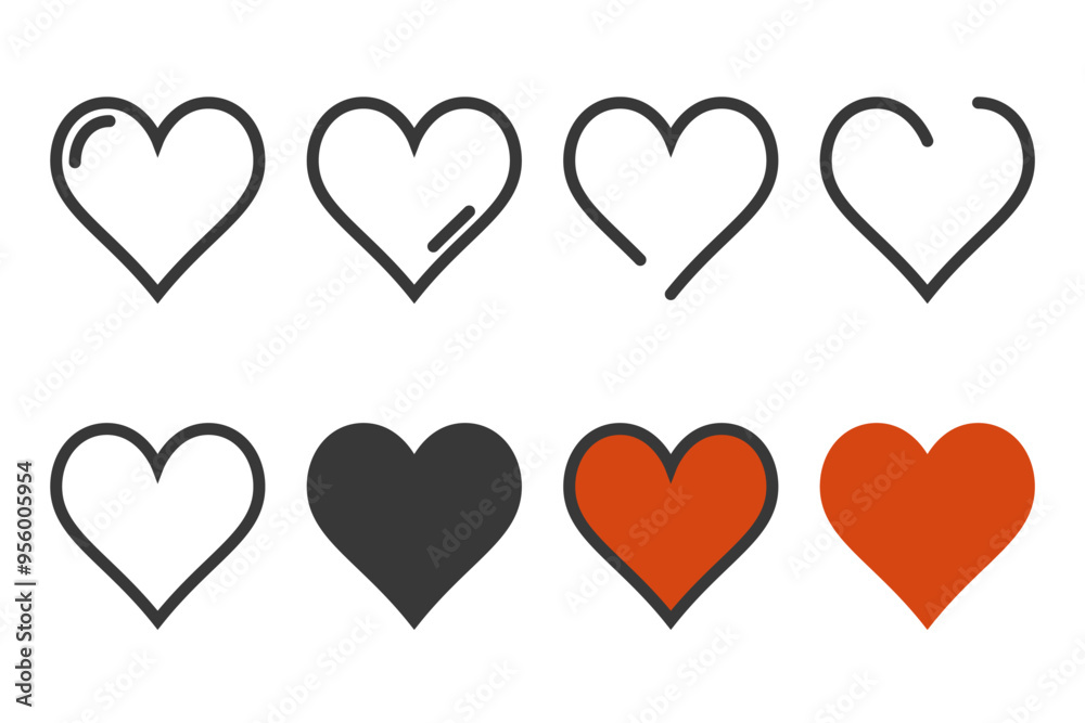 Heart shape icons. Vector symbol of love and Valentine Day on white background. Red and black outline likes signs. Cute symmetrical stickers for social media and medical design elements. Heart shape icons. Vector symbol of love and Valentine Day on white background. Red and black outline likes signs. Cute symmetrical stickers for social media and medical design elements.
