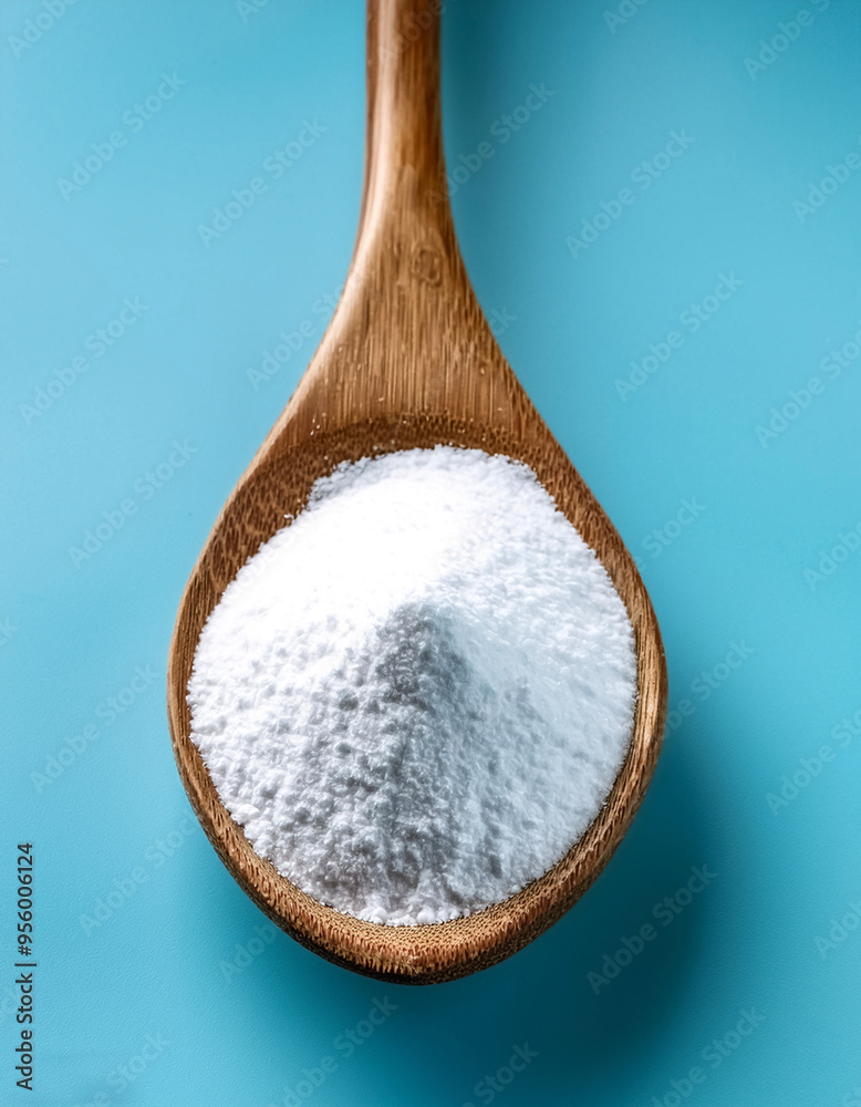 Baking soda in wooden spoon isolated on light blue background Baking soda in wooden spoon isolated on light blue background