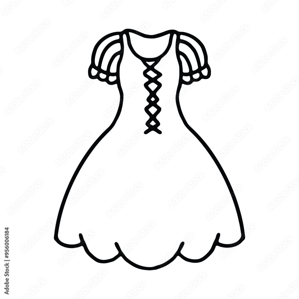 A charming black and white outline of a princess dress with decorative sleeves and a laced-up bodice. A charming black and white outline of a princess dress with decorative sleeves and a laced-up bodice.