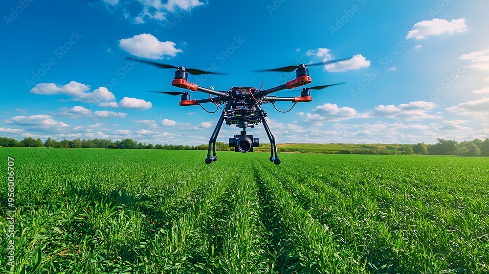 Drone Flying Over a Field: A drone equipped with cameras and sensors flying over a large green field, symbolizing modern agriculture monitoring. Drone Flying Over a Field: A drone equipped with cameras and sensors flying over a large green field, symbolizing modern agriculture monitoring.