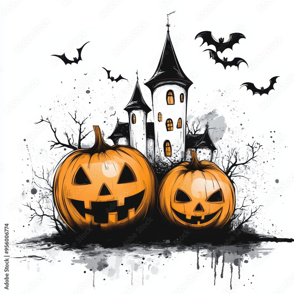 A whimsical illustration of Halloween with two grinning jack-o-lanterns, a spooky haunted house, and bats flying in the air, all in cartoon style. The image evokes a sense of fun and excitement for t A whimsical illustration of Halloween with two grinning jack-o-lanterns, a spooky haunted house, and bats flying in the air, all in cartoon style. The image evokes a sense of fun and excitement for t