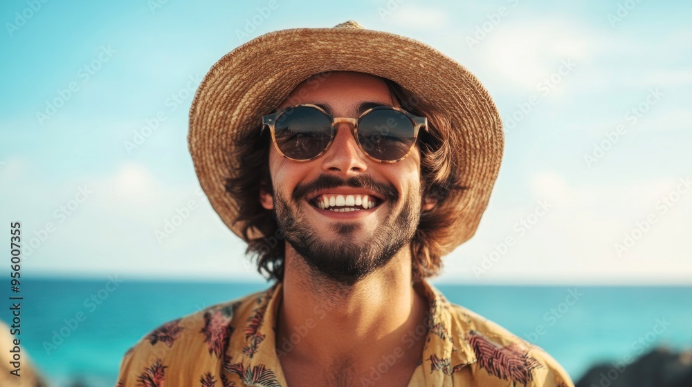 Hipster young man beaming with joy in stylish beach clothes against a serene seaside backdrop during golden hour bliss Hipster young man beaming with joy in stylish beach clothes against a serene seaside backdrop during golden hour bliss